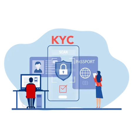 KYC Or Know Your Customer With Business Verifying The Identity Of Its Clients Concept At The Partners To Be Through A Magnifying Glass Of Business Identification And Safety Illustration