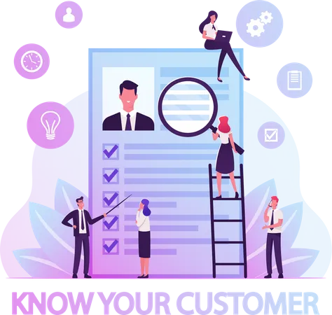 KYC Or Know Your Customer Concept Process Of Business Verifying Of Clients Identity And Assessing Their Suitability Tiny Businesspeople Learning Customer Profile Cartoon Flat Vector Illustration Illustration
