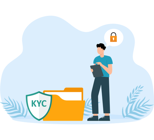 KYC or know your customer with business verifying the identity of its clients  at the partners-to-be through a magnifying glass Idea of business identification and finance safety  Illustration