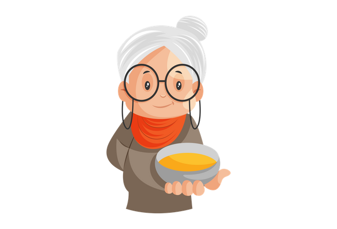 La abuela Imdian sostiene un cuenco de mantequilla en la mano.  Ilustración