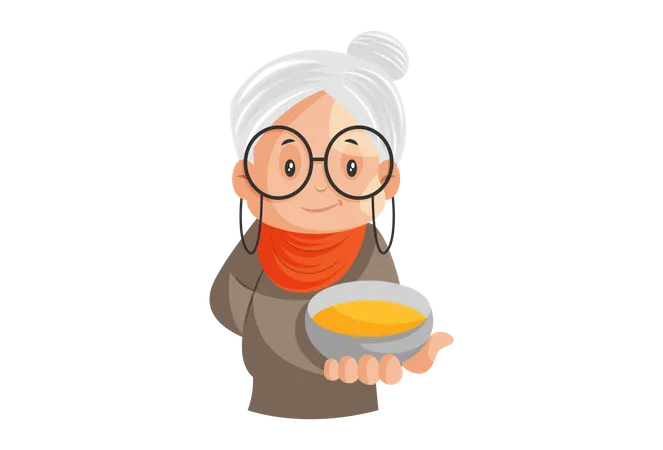 La abuela Imdian sostiene un cuenco de mantequilla en la mano.  Ilustración
