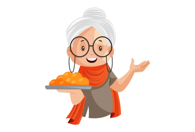 La abuela sostiene un plato dulce Laddu en la mano  Ilustración