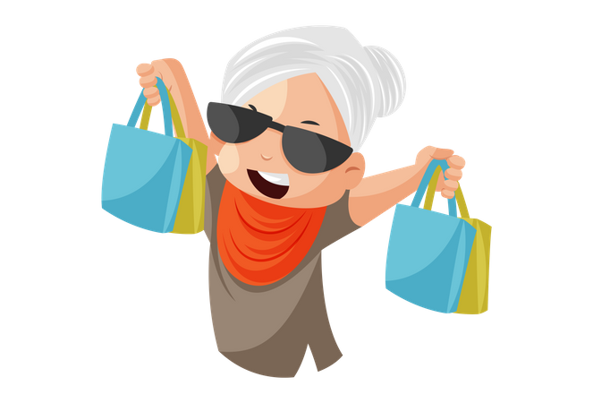 La abuela tiene bolsas de compras en la mano  Ilustración