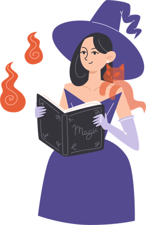 Chica bruja con gato fantasma en el hombro y lee un libro mágico  Ilustración