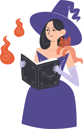 Chica bruja con gato fantasma en el hombro y lee un libro mágico  Ilustración