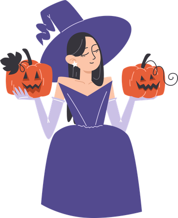Niña bruja sosteniendo linternas de calabazas para Halloween  Ilustración