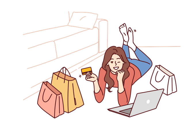 La chica disfruta de las compras en línea  Ilustración
