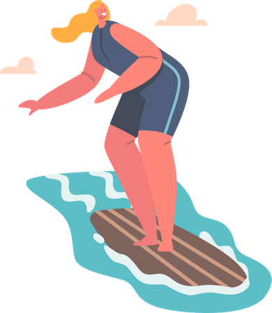 La chica disfruta del surf durante el verano  Ilustración