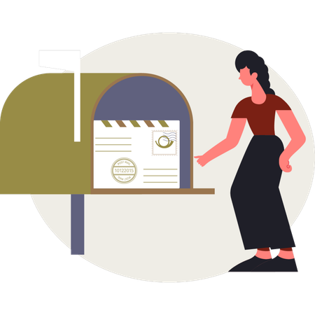La niña encuentra el correo en el buzón.  Illustration