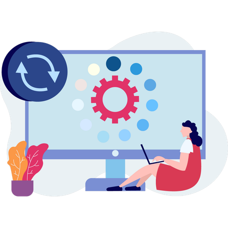 La chica está actualizando la configuración del sistema en la computadora portátil  Illustration