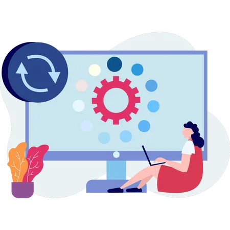 La chica está actualizando la configuración del sistema en la computadora portátil  Illustration