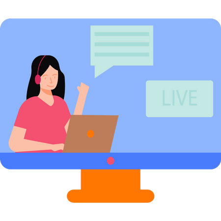 La chica está chateando en vivo en una computadora portátil  Ilustración
