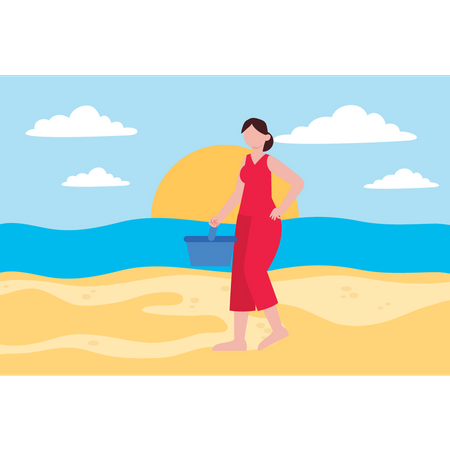 La chica está en la playa para hacer un picnic.  Illustration