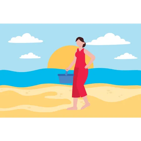 La chica está en la playa para hacer un picnic.  Illustration