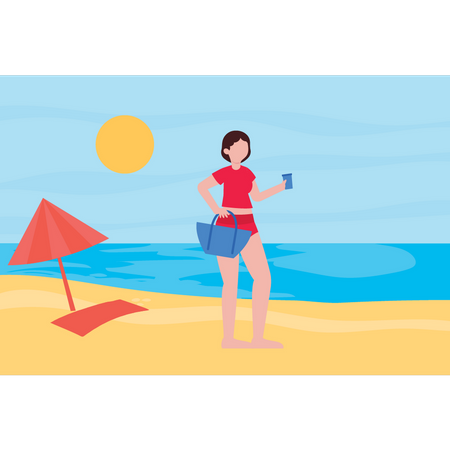 La chica está en la playa de vacaciones.  Ilustración