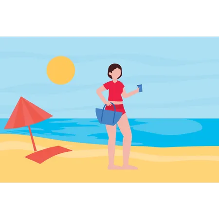 La chica está en la playa de vacaciones.  Ilustración