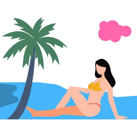 La chica está en la playa durante las vacaciones de verano.  Ilustración