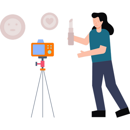 La chica está haciendo un vídeo de revisión de cosméticos.  Ilustración