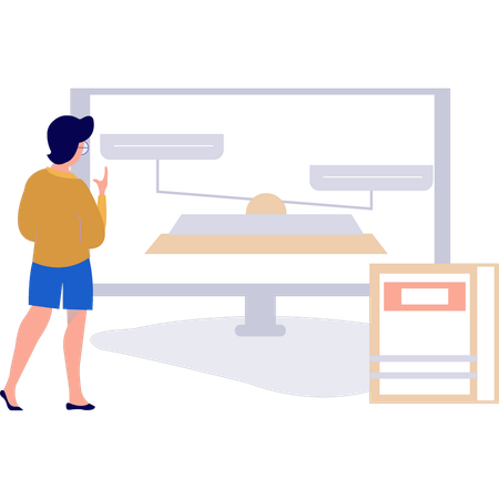 La chica está mirando la balanza en la pantalla.  Illustration