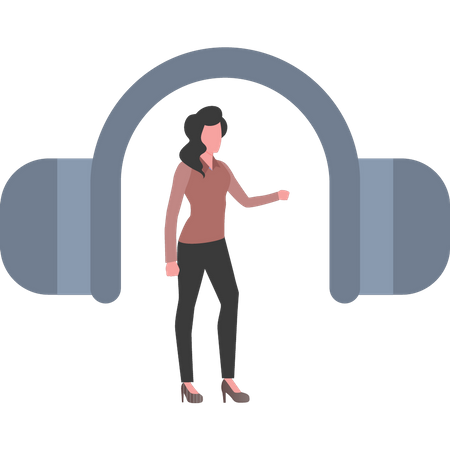 La chica está mirando los auriculares.  Ilustración