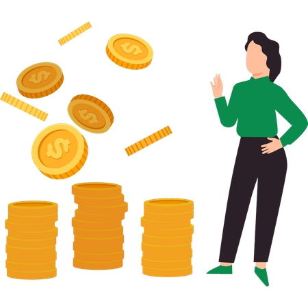 La chica está parada junto a las monedas de un dólar.  Ilustración