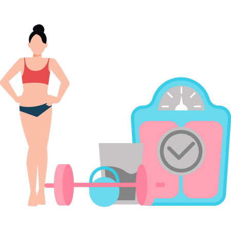 La chica está parada al lado de la máquina de pesas.  Ilustración
