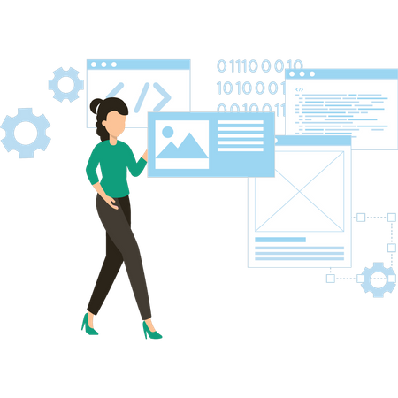 La chica está trabajando en codificación.  Ilustración