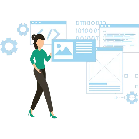 La chica está trabajando en codificación.  Ilustración