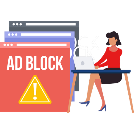 La chica está trabajando en el bloqueo de anuncios en el navegador.  Illustration