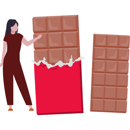 La chica muestra la barra de chocolate.  Ilustración
