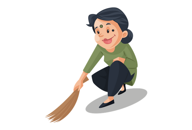La criada está barriendo el suelo con una escoba  Ilustración
