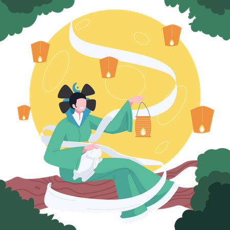 La déesse de la lune est assise et regarde le clair de lune  Illustration