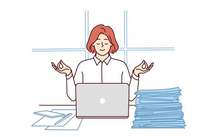 La empresaria está meditando en el escritorio de la oficina  Ilustración
