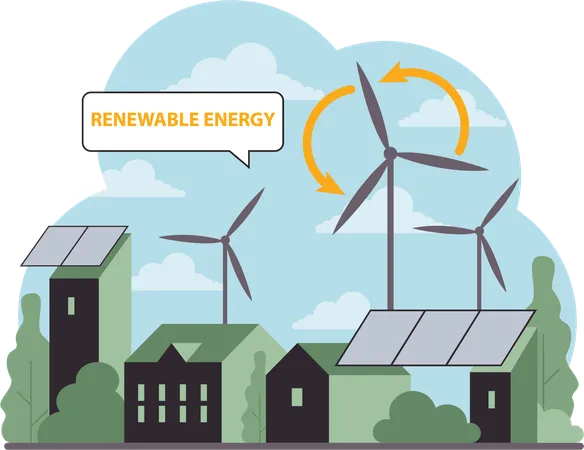 La energía renovable se utiliza en el hogar.  Ilustración