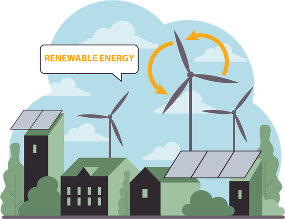 La energía renovable se utiliza en el hogar.  Ilustración
