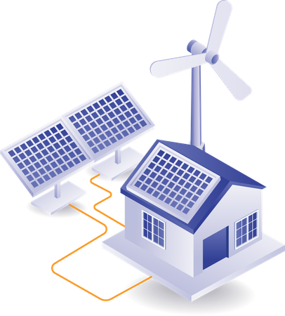 La energía solar y la energía eólica se utilizan en las casas.  Ilustración