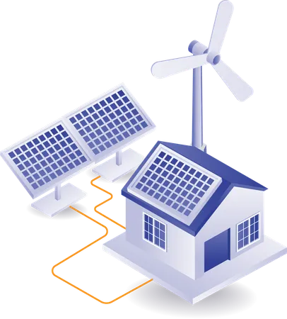 La energía solar y la energía eólica se utilizan en las casas.  Ilustración