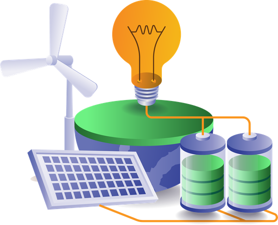 La energía verde se utiliza en baterías y ventiladores.  Ilustración