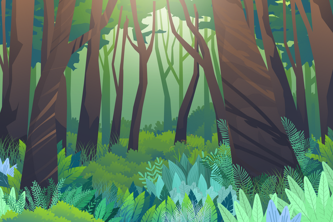 La escena natural en el bosque está llena de grandes árboles y setos bajos, cubiertos de maleza y misteriosos.  Ilustración