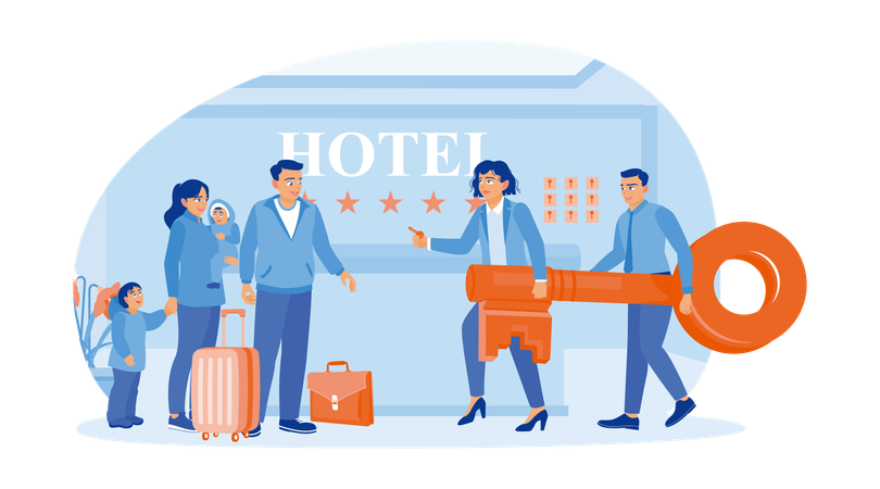 La famiglia fa il check-in in un hotel  Illustration