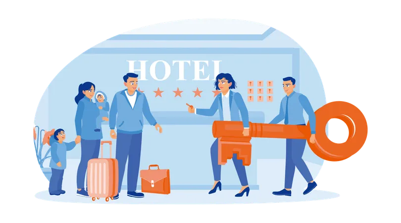 La famiglia fa il check-in in un hotel  Illustration