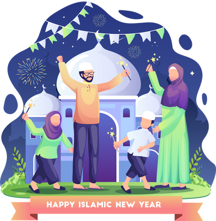 Una familia celebra el año nuevo islámico con fuegos artificiales por la noche  Ilustración