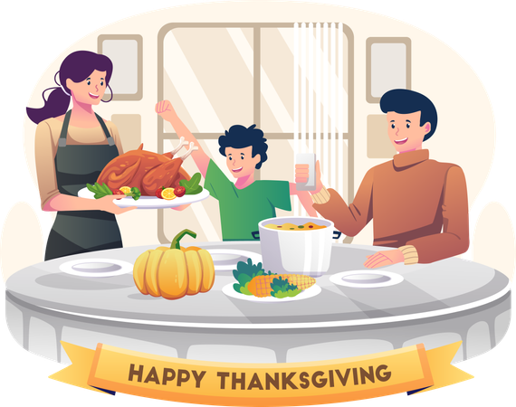 La familia celebra el Día de Acción de Gracias cenando juntos  Ilustración
