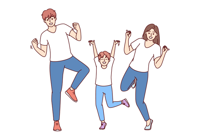 La familia baila mientras gana la competencia.  Ilustración