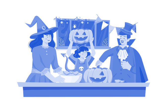 La familia está decorando para Halloween  Ilustración
