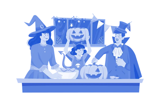 La familia está decorando para Halloween  Ilustración