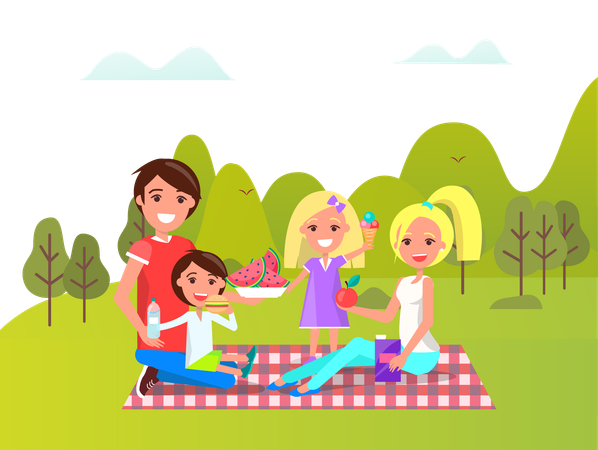 La familia disfruta de un picnic en el jardín  Ilustración