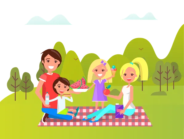 La familia disfruta de un picnic en el jardín  Ilustración