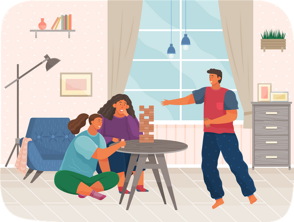 La familia juega al juego de la torre en casa  Ilustración