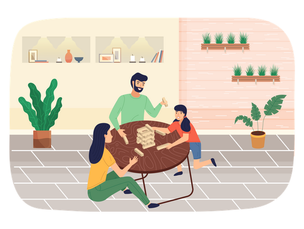 La familia juega al juego de la torre en casa  Ilustración